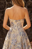 Dusty Blue Floral Ruffled Sweetheart Long Corset Prom Dress with Slit