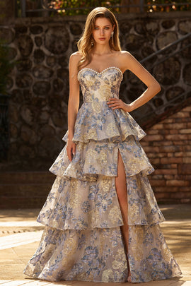 Sparkly Dusty Blue Floral Tiered Sweetheart Pearls Long Prom Dress with Slit