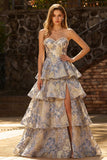Sparkly Dusty Blue Floral Tiered Sweetheart Pearls Long Prom Dress with Slit