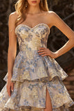 Sparkly Dusty Blue Floral Tiered Sweetheart Pearls Long Prom Dress with Slit