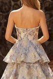 Sparkly Dusty Blue Floral Tiered Sweetheart Pearls Long Prom Dress with Slit