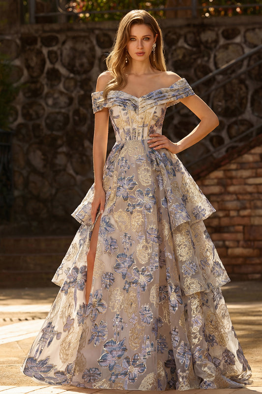 Floral Dusty Blue Ruffled Off the Shoulder Long Corset Prom Dress with Cape