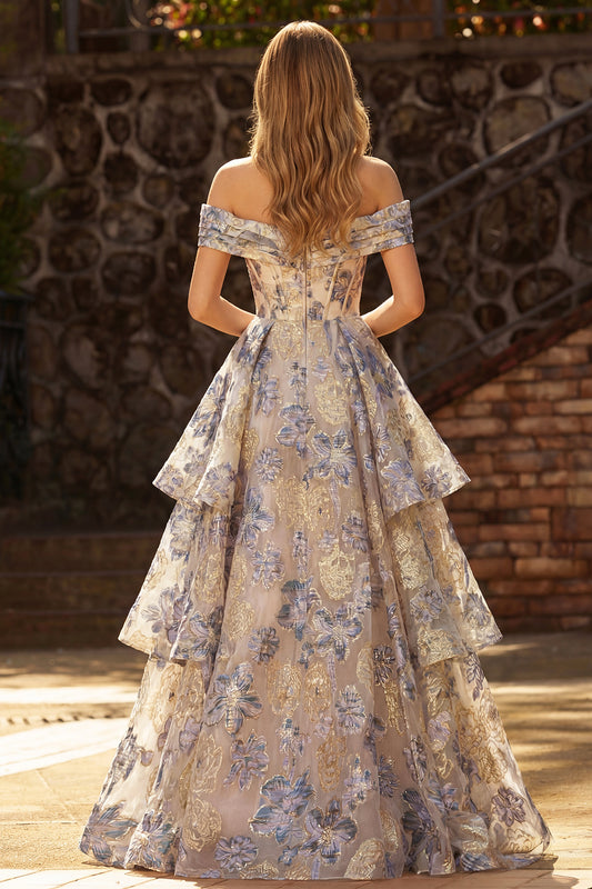 Floral Dusty Blue Ruffled Off the Shoulder Long Corset Prom Dress with Cape