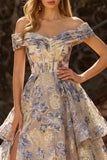 Floral Dusty Blue Ruffled Off the Shoulder Long Corset Prom Dress with Cape