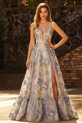 Floral Dusty Blue Ruffled Jacquard Long Corset Prom Dress with Ruffles