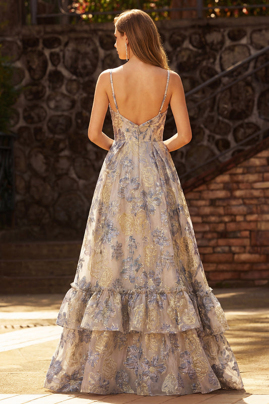 Floral Dusty Blue Ruffled Jacquard Long Corset Prom Dress with Ruffles