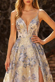 Floral Dusty Blue Ruffled Jacquard Long Corset Prom Dress with Ruffles