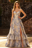 Floral Dusty Blue Ruffled Spaghetti Straps Long Corset Prom Dress with Slit