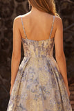 Floral Dusty Blue Ruffled Spaghetti Straps Long Corset Prom Dress with Slit