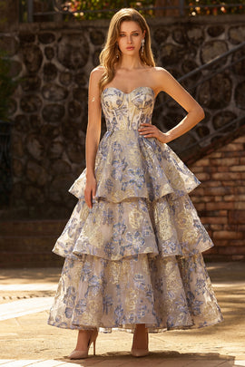 Floral Dusty Blue Jacquard A Line Tiered Long Corset Prom Dress