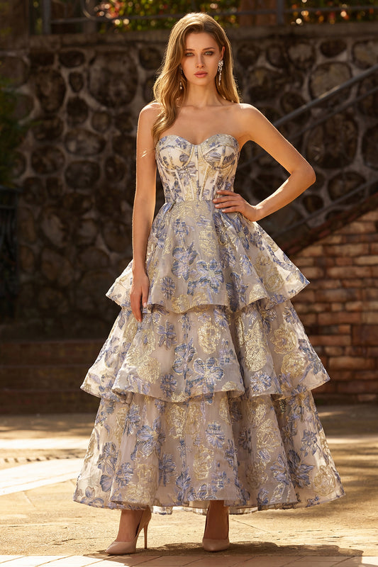Floral Dusty Blue Jacquard A Line Tiered Long Corset Prom Dress