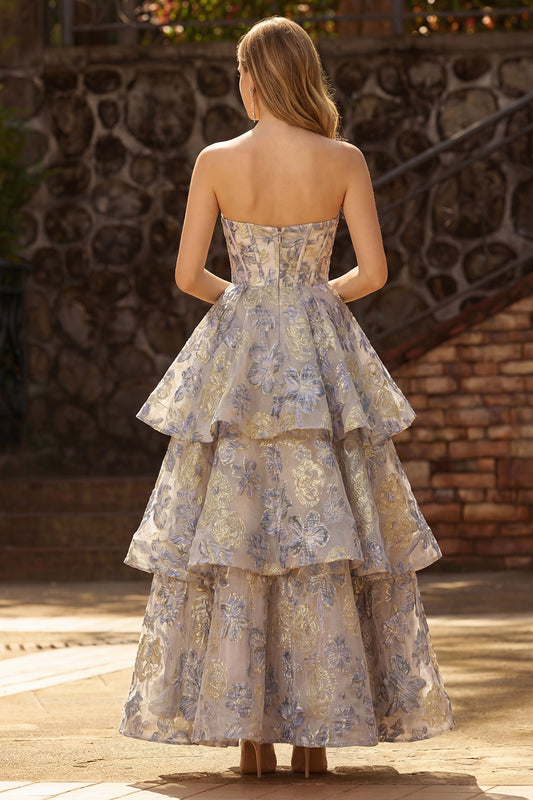 Floral Dusty Blue Jacquard A Line Tiered Long Corset Prom Dress