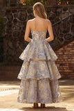 Floral Dusty Blue Jacquard A Line Tiered Long Corset Prom Dress