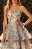 Floral Dusty Blue Jacquard A Line Tiered Long Corset Prom Dress