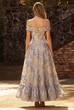 Dusty Blue A Line Floral Off the Shoulder Long Corset Prom Dress with Ruffles