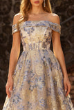 Dusty Blue A Line Floral Off the Shoulder Long Corset Prom Dress with Ruffles