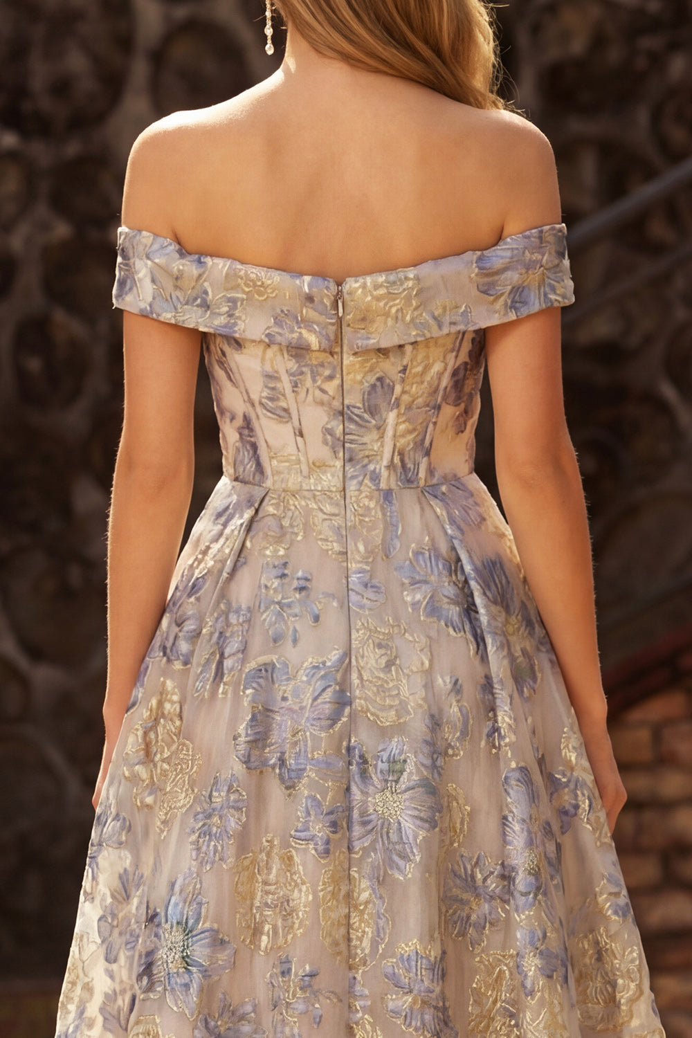 Dusty Blue A Line Floral Off the Shoulder Long Corset Prom Dress with Ruffles