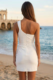 Simple Ivory One Shoulder Bodycon Short Graduation Dress with Slit