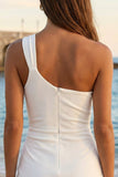 Simple Ivory One Shoulder Bodycon Short Graduation Dress with Slit