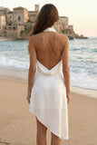 Ivory Satin Halter Neck Asymmetrical Graduation Dress with Slit