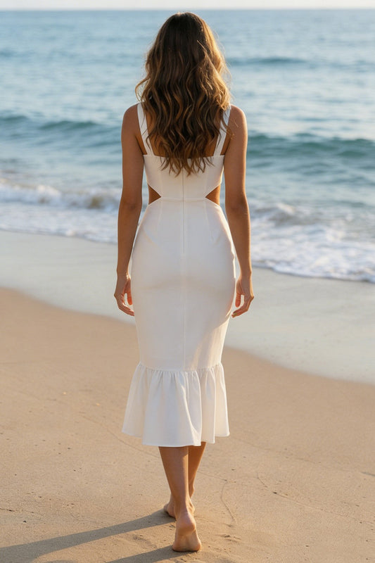 Ivory Bodycon Thick Straps Cut Out Midi Wedding Reception Dress with Ruffles