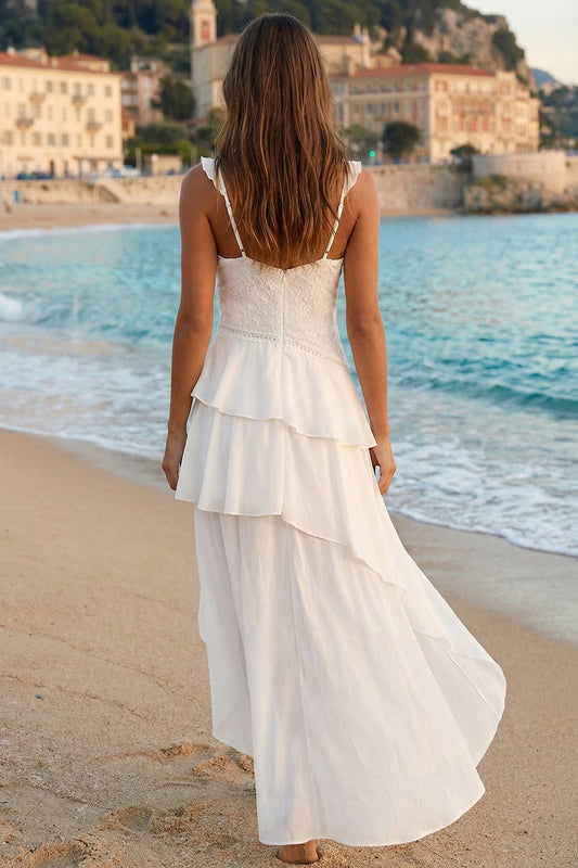 Ivory Tiered A Line V- Neck High-Low Bridal Shower Dress with Ruffles