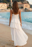Ivory Tiered A Line V- Neck High-Low Bridal Shower Dress with Ruffles