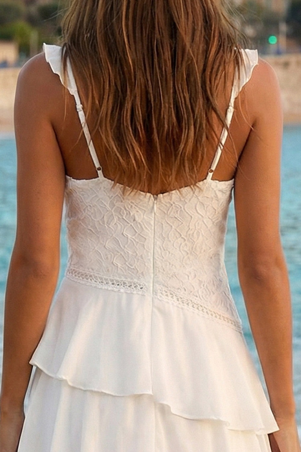 Ivory Tiered A Line V- Neck High-Low Bridal Shower Dress with Ruffles