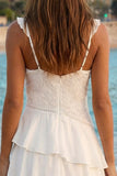 Ivory Tiered A Line V- Neck High-Low Bridal Shower Dress with Ruffles