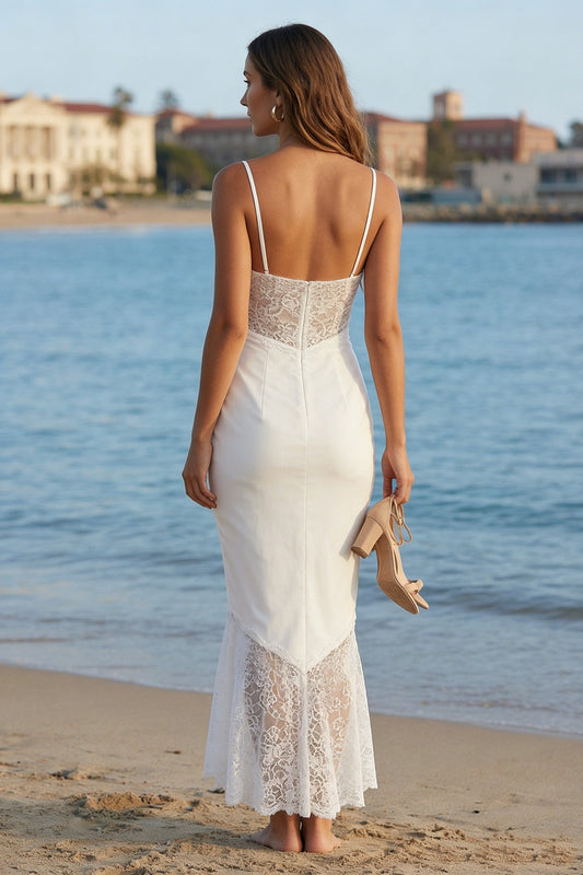 Ivory Mermaid Ruffled Cowl Neck Long Wedding Reception Dress with Lace