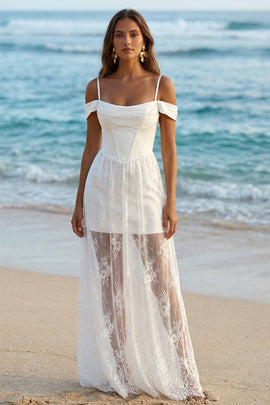 Boho Ivory Sheath Cold Shoulder Long Corset Wedding Reception Dress with Lace