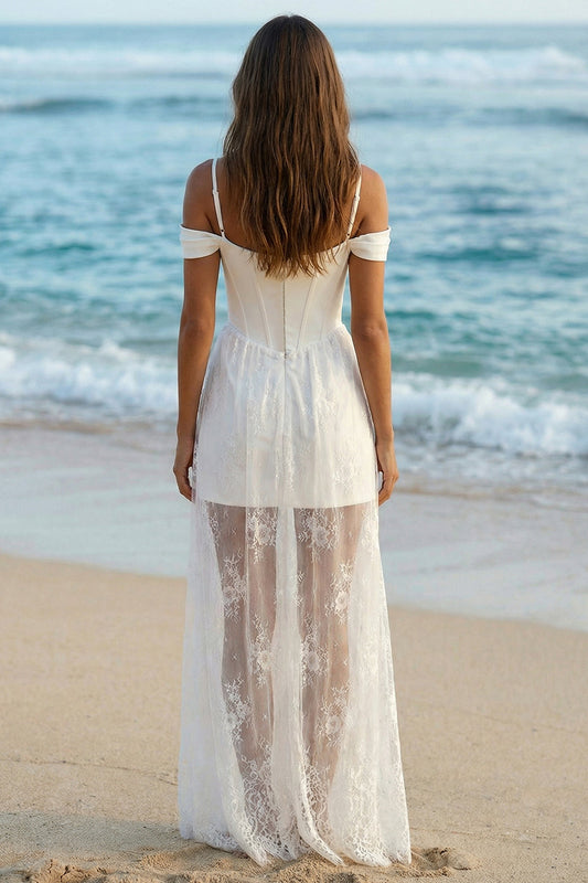 Boho Ivory Sheath Cold Shoulder Long Corset Wedding Reception Dress with Lace