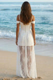 Boho Ivory Sheath Cold Shoulder Long Corset Wedding Reception Dress with Lace