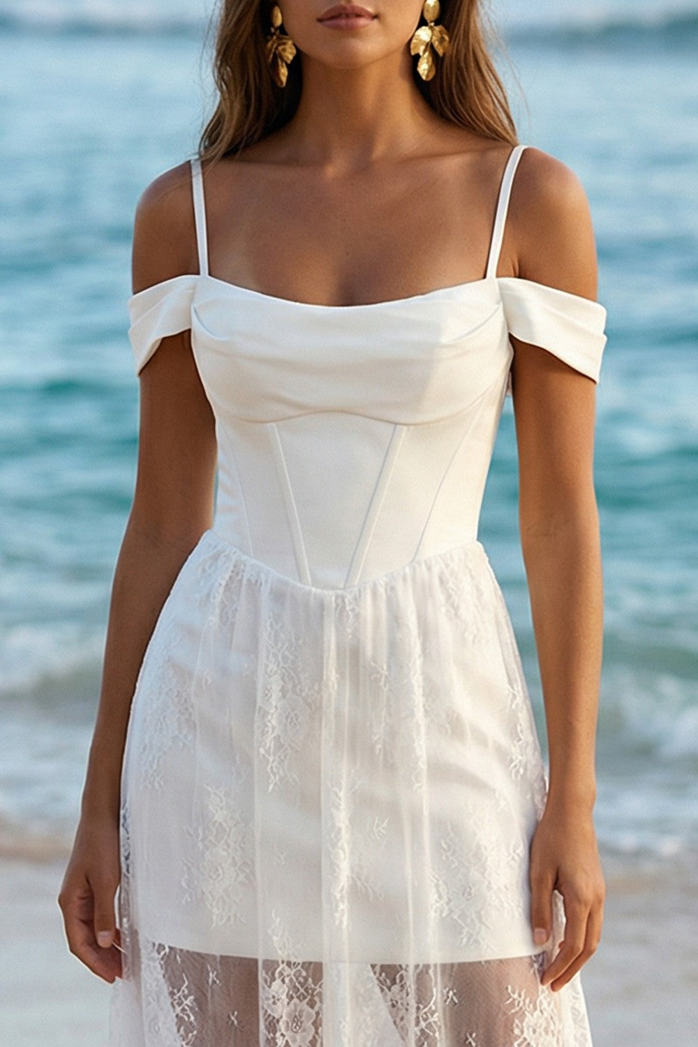 Boho Ivory Sheath Cold Shoulder Long Corset Wedding Reception Dress with Lace