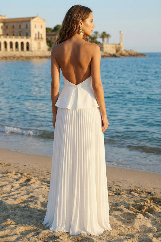 Ivory Pleated A Line Strapless Long Rehearsal Dinner Dress with Ruffles