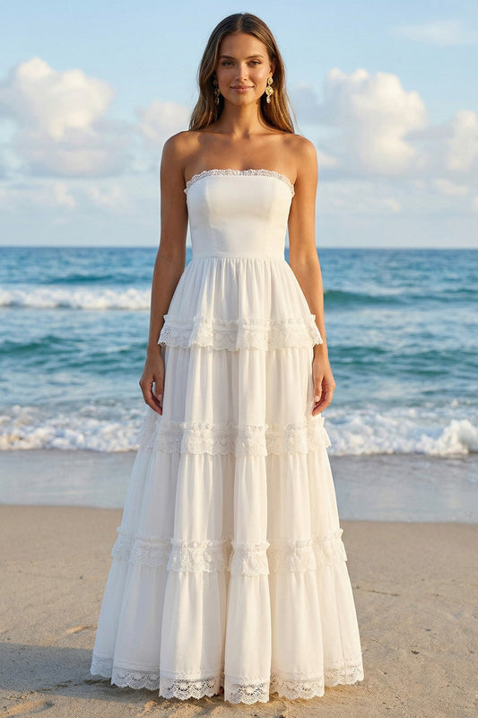 Ivory Ruffled A Line Strapless Long Rehearsal Dinner Dress with Lace