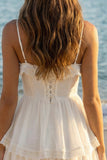 Ivory Spaghetti Straps Tiered A Line Short Graduation Dress with Ruffles