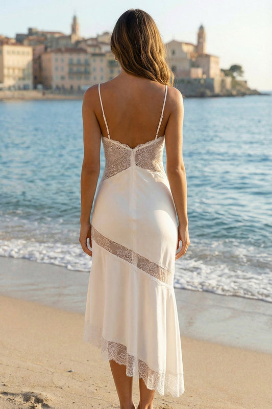 Ivory Sheath Satin Spaghetti Straps Ruffled Midi Bridal Shower Dress with Lace