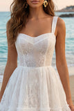 Ivory Boho Tulle Thick Straps A Line High-Low Bridal Shower Dress with Ruffles
