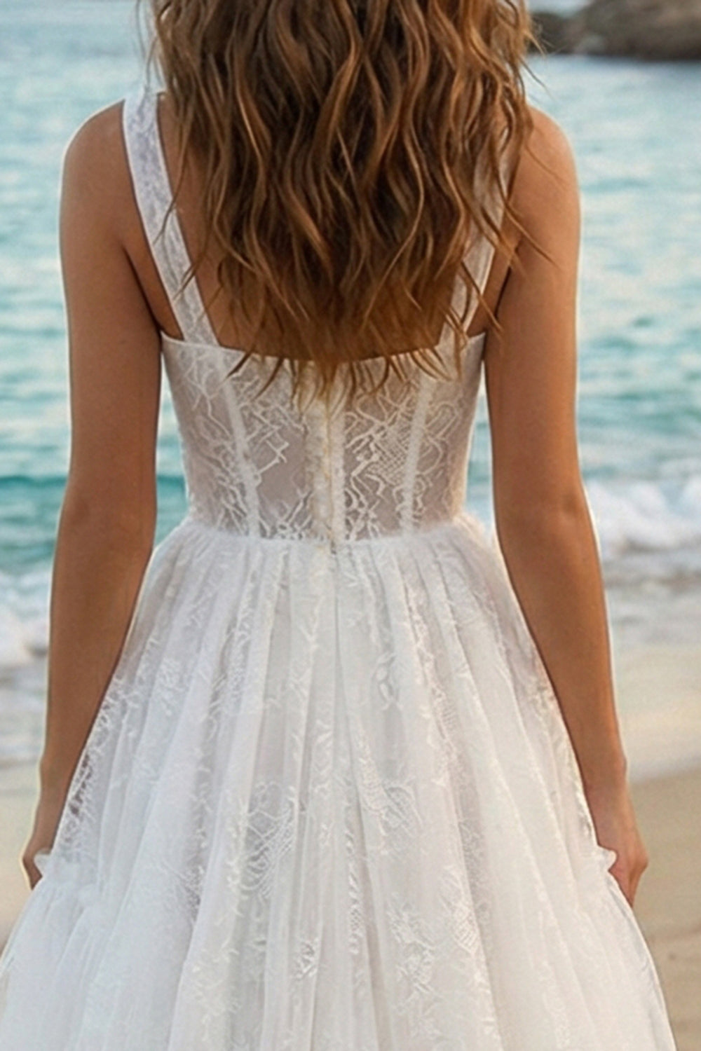 Ivory Boho Tulle Thick Straps A Line High-Low Bridal Shower Dress with Ruffles