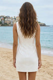 Ivory Bodycon Ruched Boat Neck Short Graduation Dress with Buttons