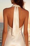 Ivory Halter Ruched Satin A Line Short Graduation Dress