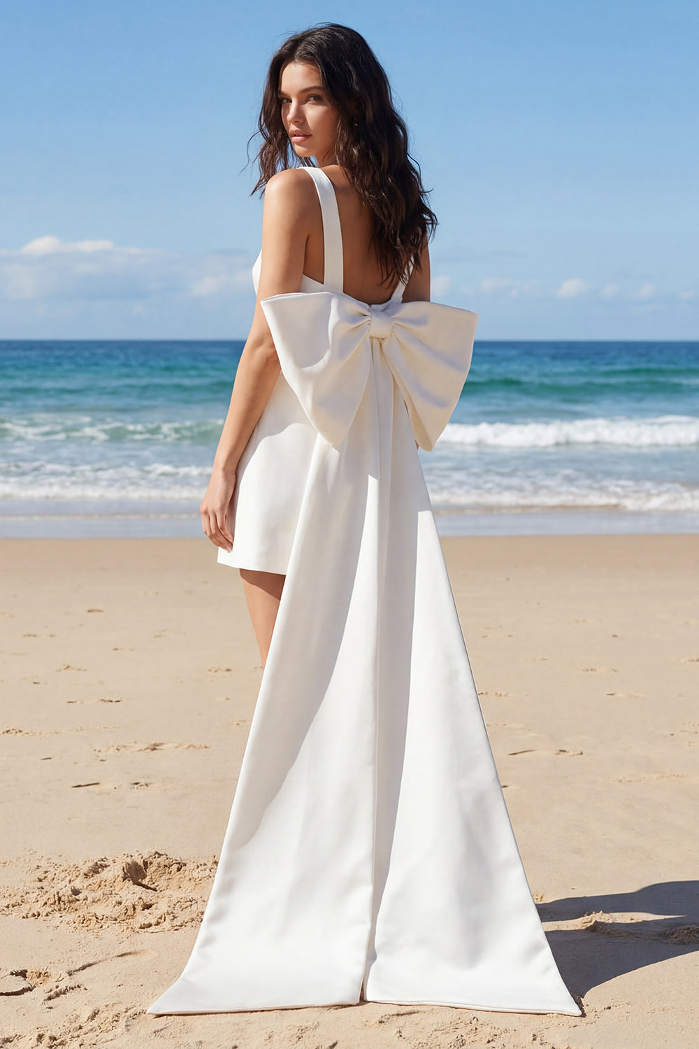 Ivory Bodycon Thick Straps Ruched Short Bachelorette Party Dress with Bow