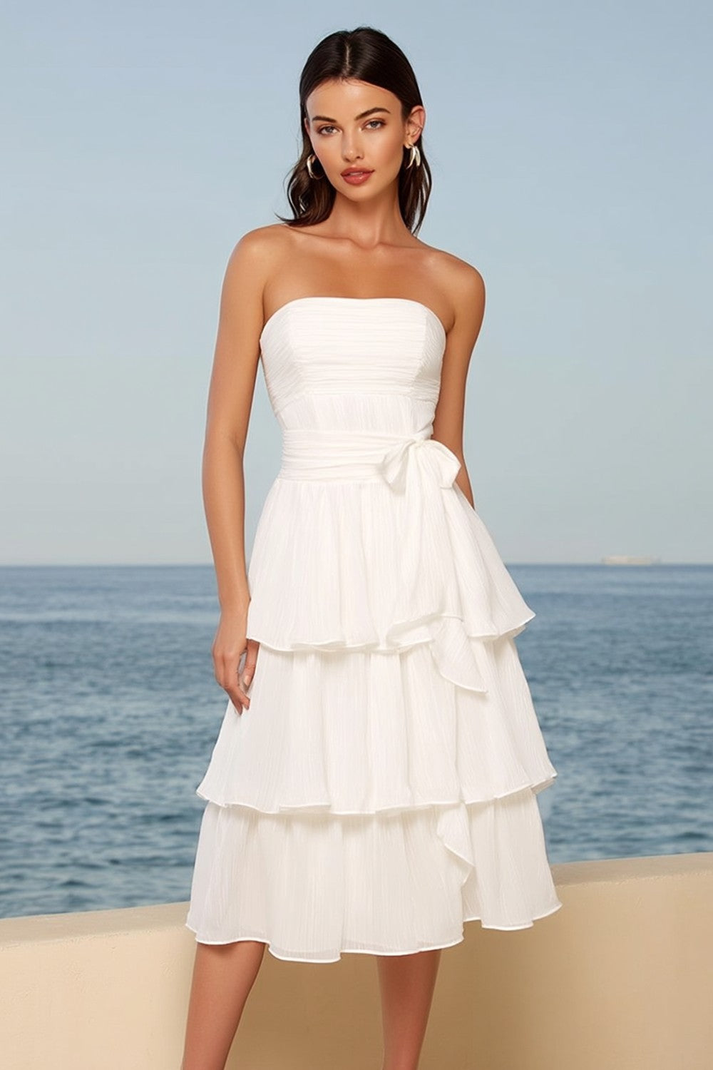 Zapaka Women Ivory Strapless Midi Bridal Shower Dress with Sash Ruched