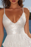 Ivory Sparkly Sequin Tiered A Line Short Graduation Dress