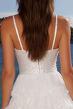 Ivory Sparkly Sequin Tiered A Line Short Graduation Dress