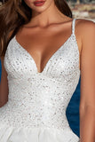 Sparkly Ivory Spaghetti Straps Ruffled A Line Sequins Short Graduation Dress
