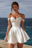 Ivory Off the Shoulder A Line Satin Short Graduation Dress