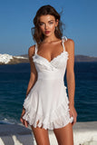 Ivory A Line Spaghetti Straps Ruffled Short Graduation Dress with Bow