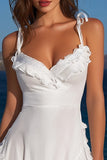 Ivory A Line Spaghetti Straps Ruffled Short Graduation Dress with Bow